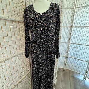 Vintage April Cornell Black Flower 100% Rayon Maxi Dress - Women's Size L